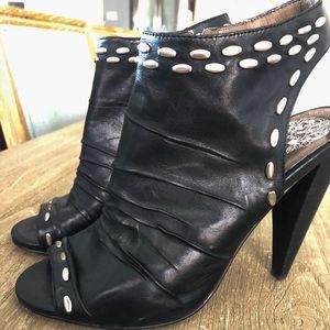 Black leather silver studded Vince Camuto peep toe booties
